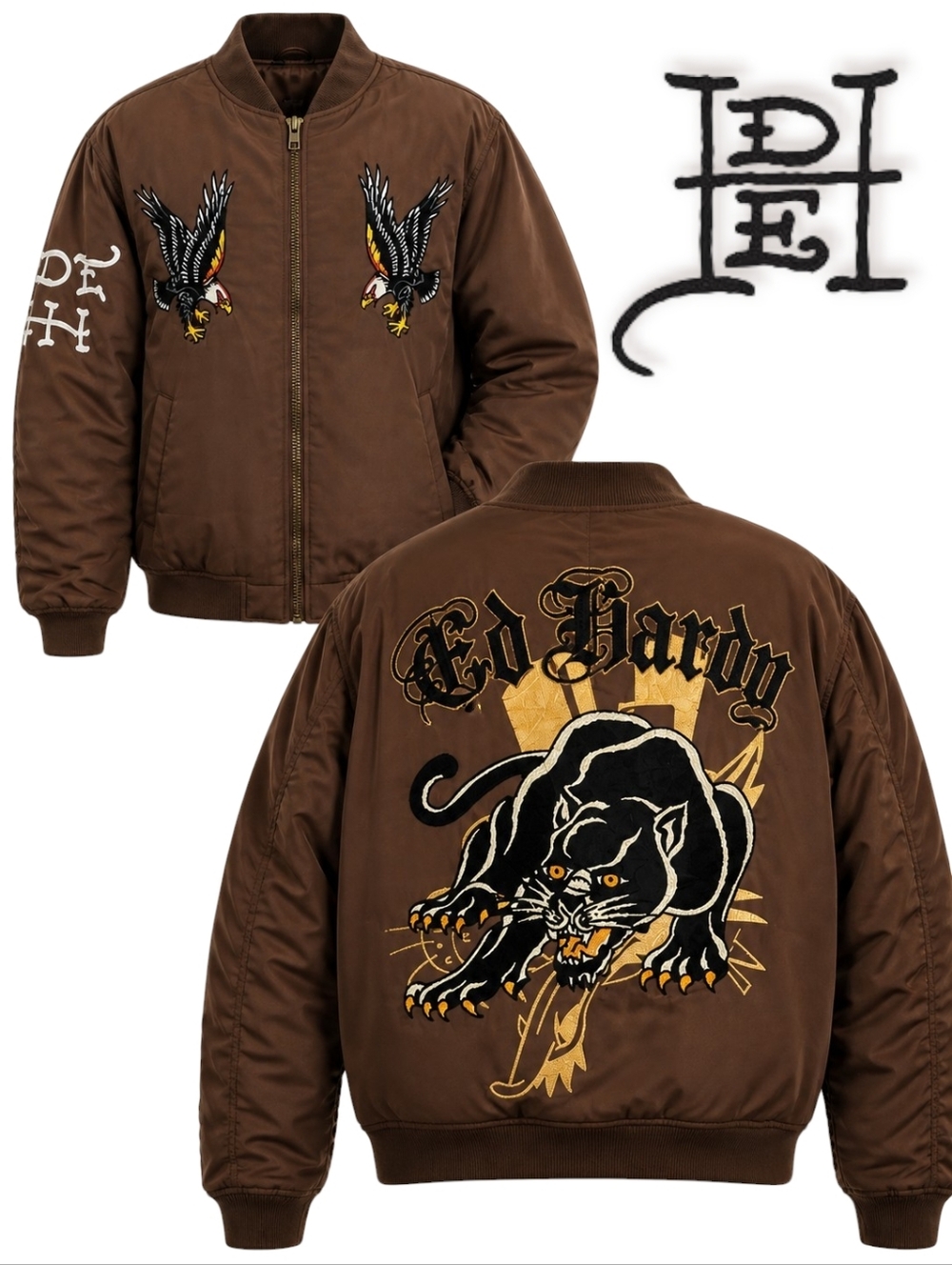 ED HARDY Black Panther Plush Bomber Jacket - Brown MENS SMALL NWT